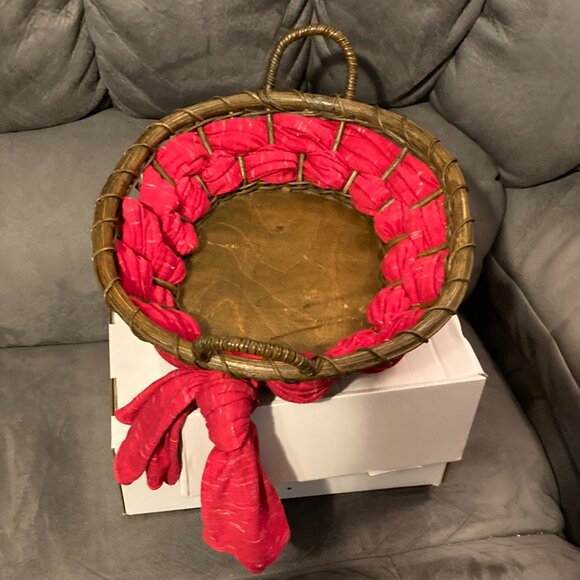 VTG BentWood Bread/Fruit/Gathering Basket-Fabric Trim-2 Handles-13.5"L& 11'W-EUC - Picture 1 of 8